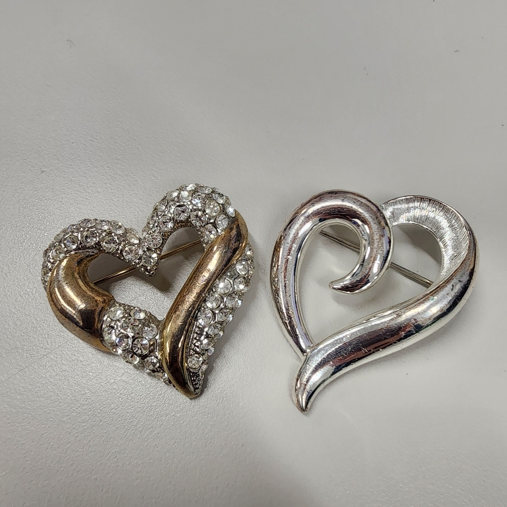 2 Vintage Heart Brooches Crystal Pave & Napier Sculptural Silver Swirl